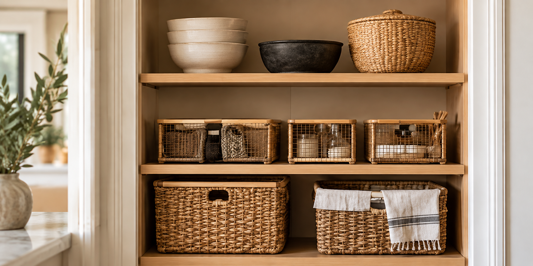 Woven storage baskets arranged on wooden shelves