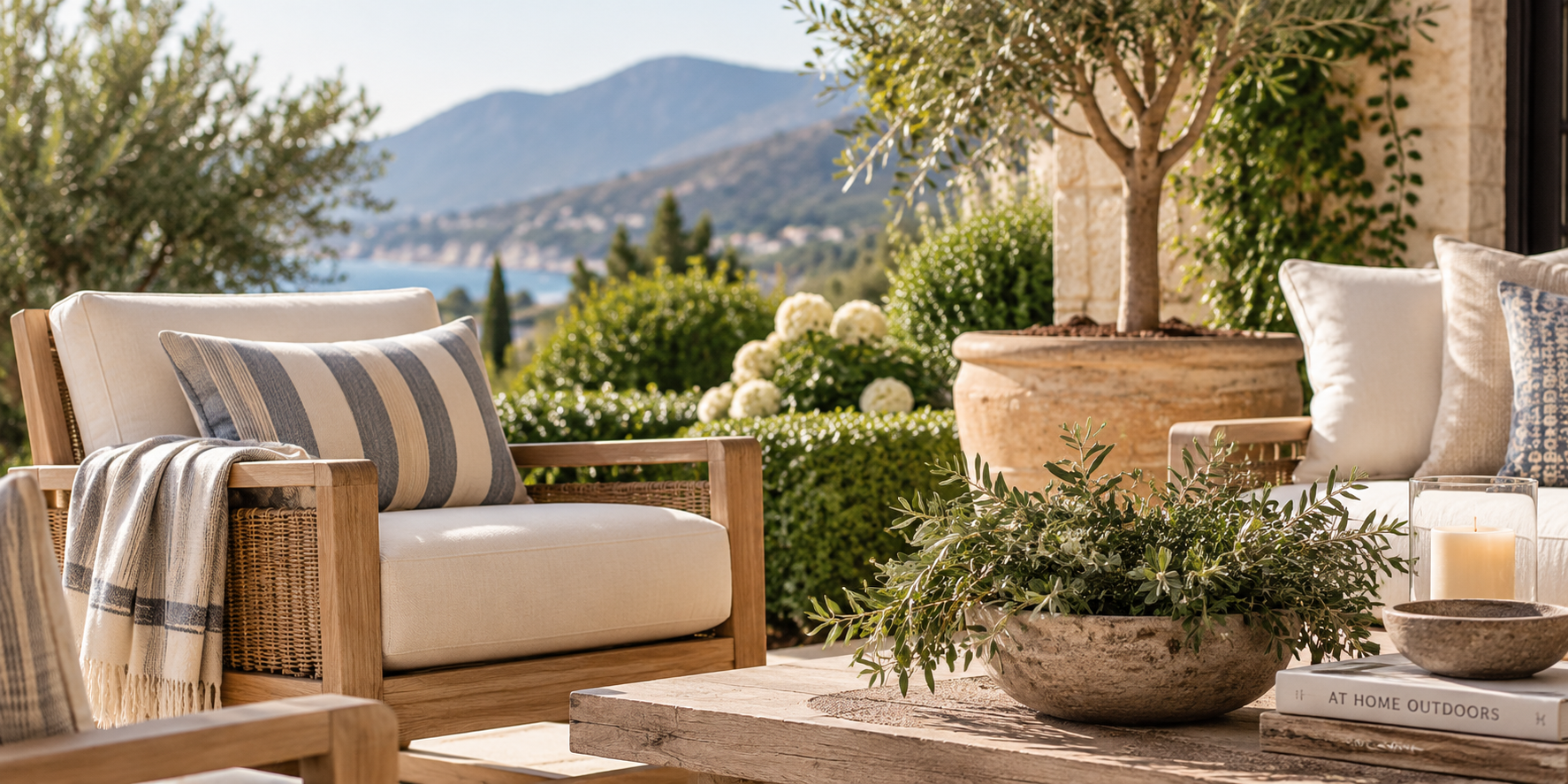 Neutral outdoor seating on a Mediterranean terrace