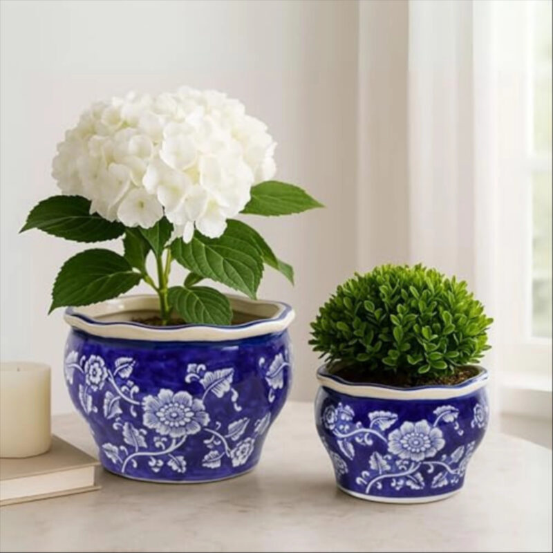Set of 2 Round Chinoiserie Decorative Ceramic Planter Pots – Stoneware Outdoor & Indoor Plant Pots with Drainage – Modern Garden & Home Decor Planters – 6" & 5", Blue & White