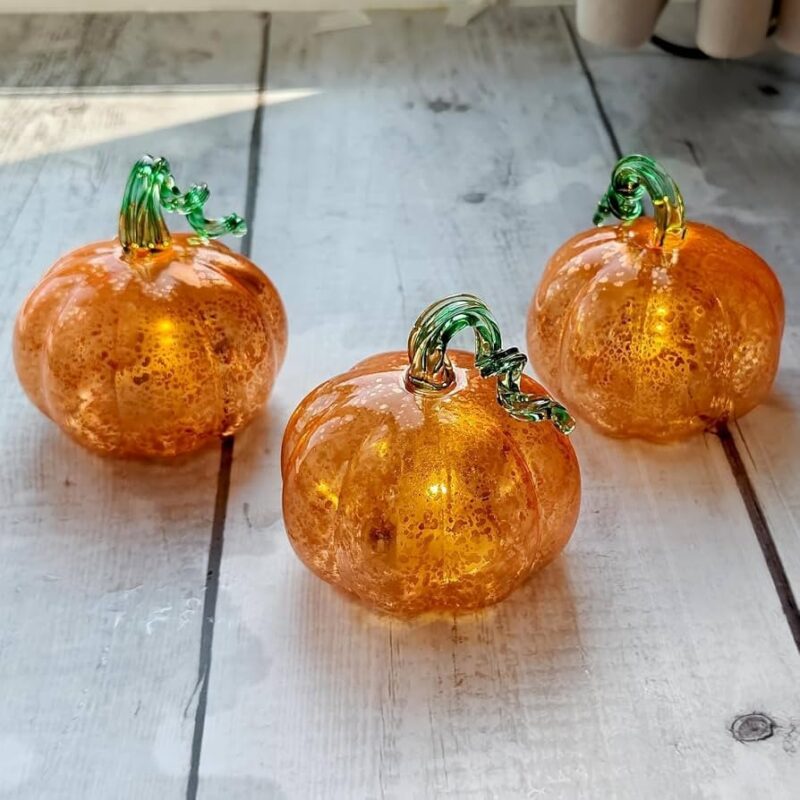 Set of 3 Golden Glass Pumpkin Lights - 2.5" Battery Operated LED Fall Decor for Halloween & Thank...
