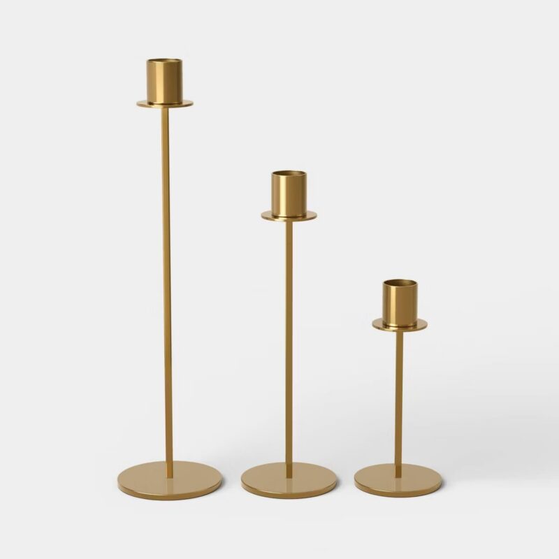 Set of 3 Minimal Gold Metal Taper Candle Holders - Thresholdu2122