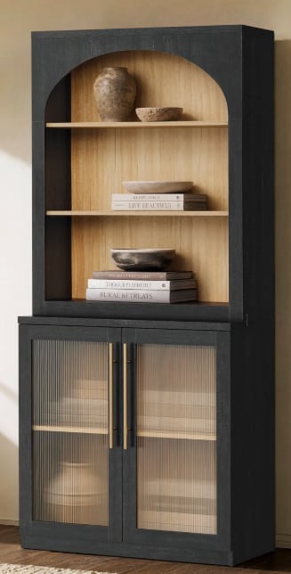 Ebern Designs Adelle 70" Tall Acrylic Bookcase With Storage, Black Wood Grain 5-Tier Bookshelf With Doors, Modular Display Hutch Cabinet For Home Office, Living Room