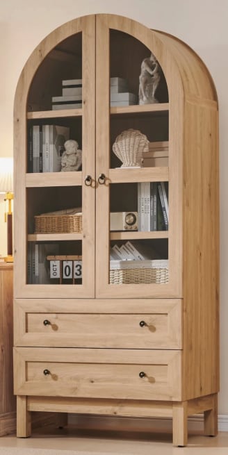 71" Tall Arched Bookshelf, 4-Tier Bookcase with Glass Doors and Shelves, Wooden Display Cabinet w/2 Large Storage Drawers, Modern Farmhouse Versatile Bookshelf for Living Room, Study, Office