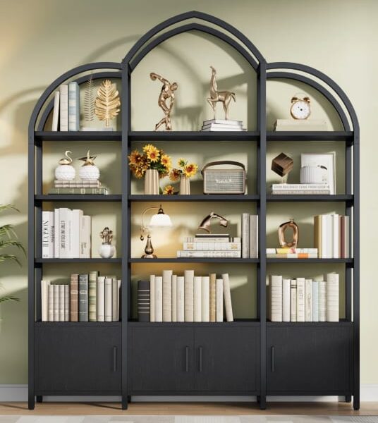 Triple Wide 5 Tier Tall Arched Bookshelf And Bookcase With 3 Cabinets, Industrial Metal Etagere Open Bookshelf, Rustic Wood Standing Book Shelf With Black Metal Frame For Bedroom Living Room, Black