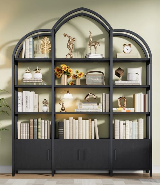 Triple Wide 5 Tier Tall Arched Bookshelf And Bookcase With 3 Cabinets, Industrial Metal Etagere Open Bookshelf, Rustic Wood Standing Book Shelf With Black Metal Frame For Bedroom Living Room, Black