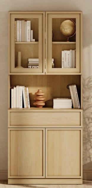 Modern 72" Tall Bookshelf with Glass Doors, Drawers & Adjustable Shelves, Closed Storage Cabinet and Glass Display Shelves, Wooden Bookcase for Home Office Living Room