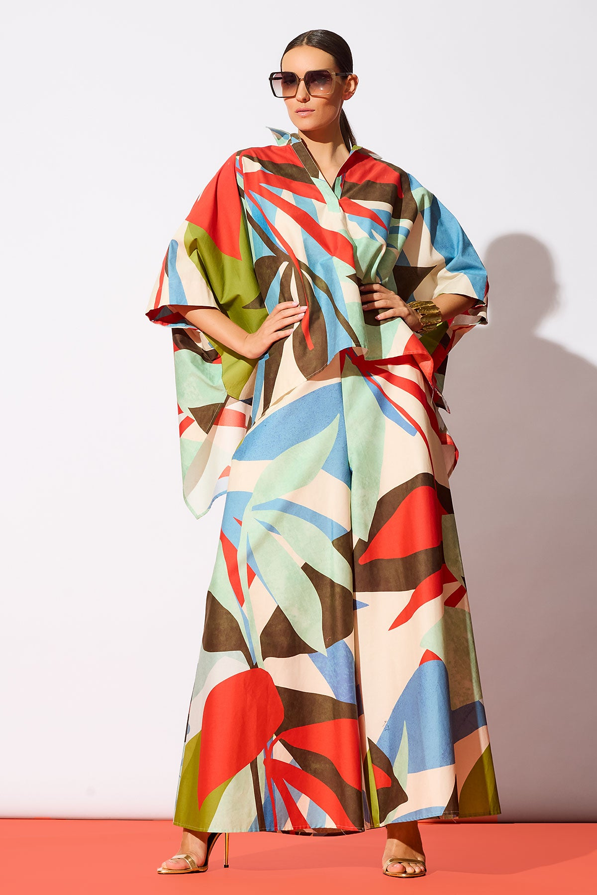 Abstract Palm Cotton Poplin Oversized Caftan Top The Natori Company