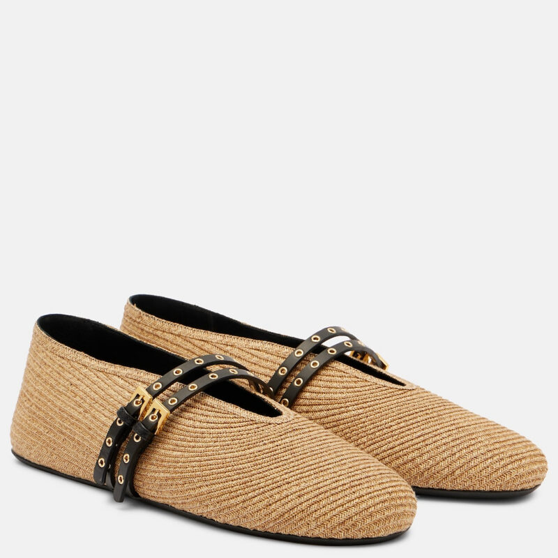 ALAÏA - Leather Trimmed Straw Ballet Flats Mytheresa