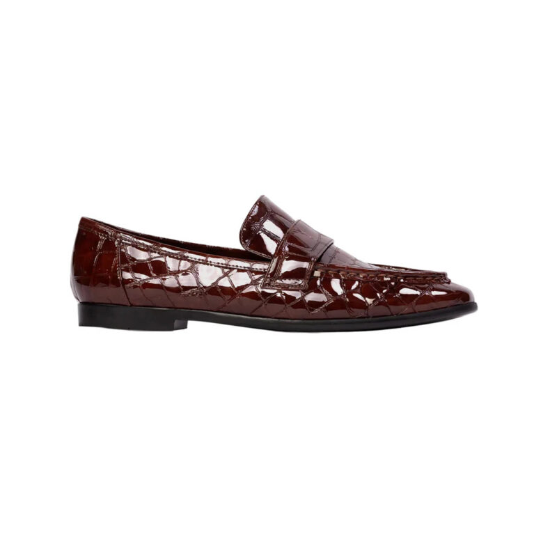 Arrow Loafer in Cinnamon Croc Patent Leather Black Suede Studio