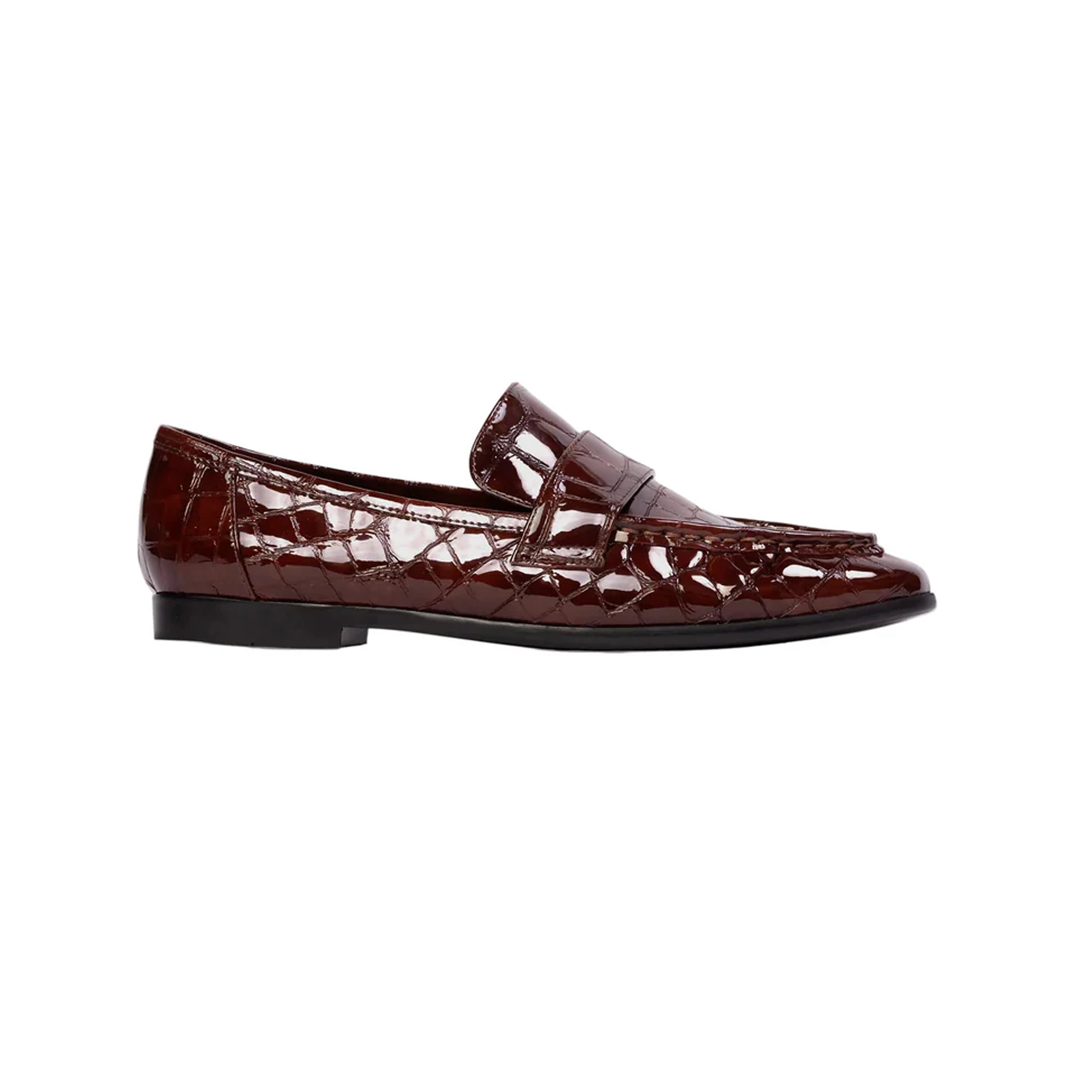 Arrow Loafer in Cinnamon Croc Patent Leather Black Suede Studio