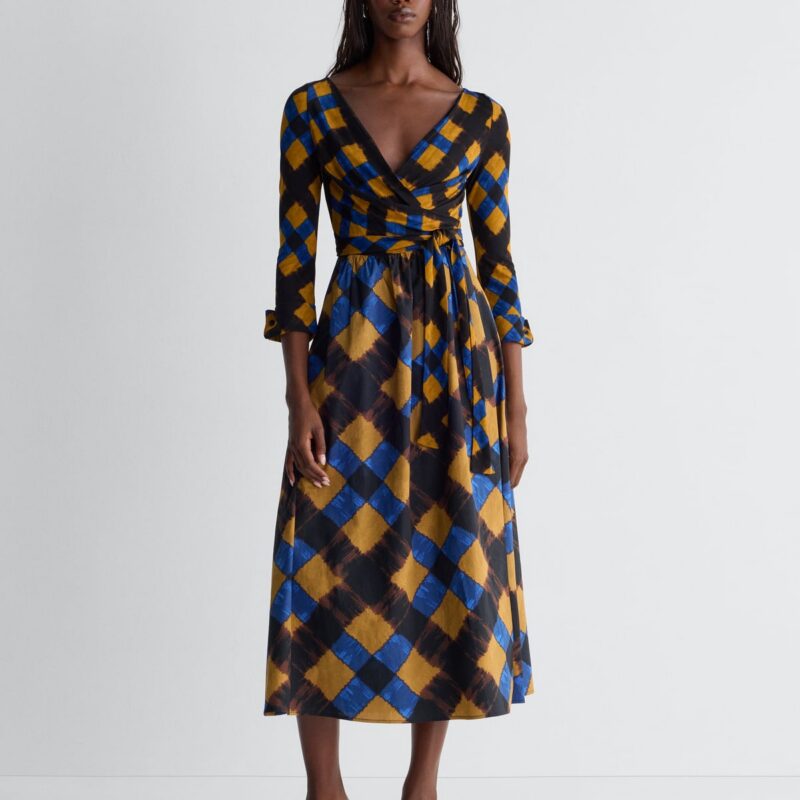 Ballerina Wrap Dress in Tiny Buffalo Plaid Caraway Diane von Furstenberg