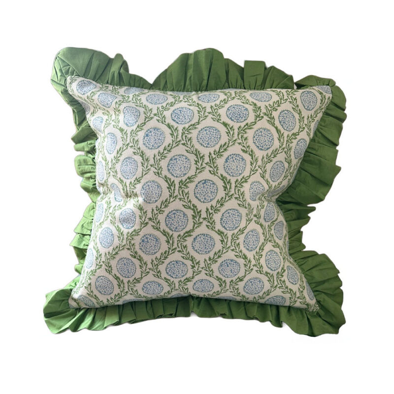 Blue Flowers and Vines Ruffle Pillow Cover Flying Sheep Country