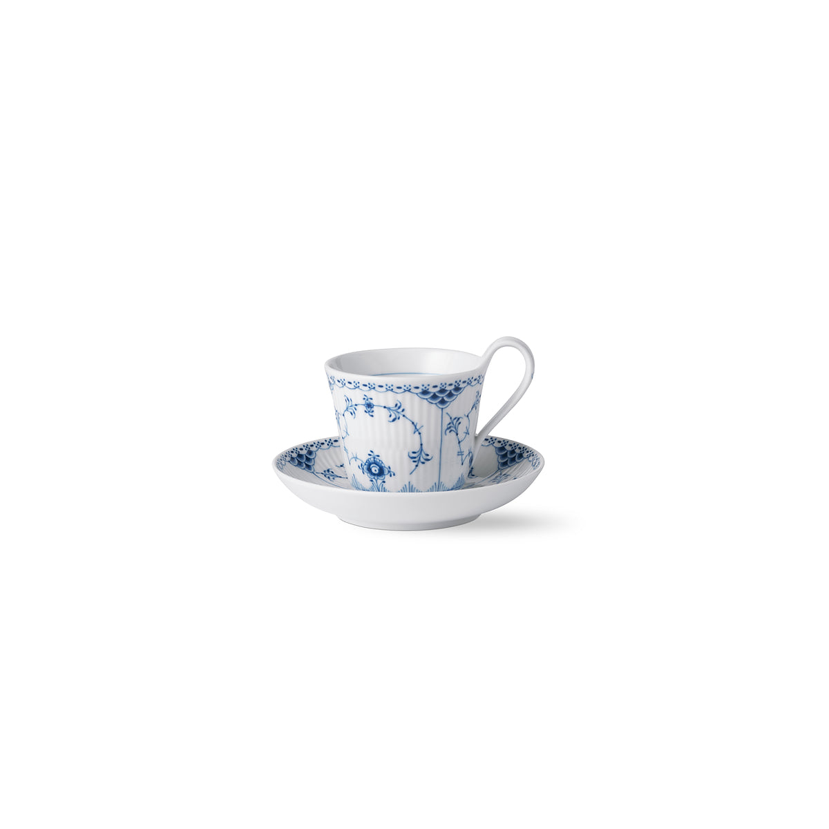Blue Fluted Half Lace High Handle Cup & Saucer 8.5 Oz Royal Copenhagen Collection