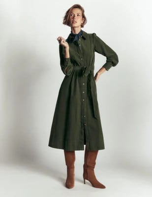 Boden Women's Maeve Cord Midi Shirt Dress in Green | Size 4