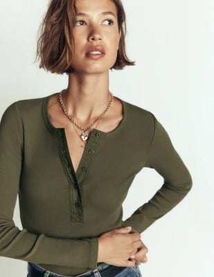 Boden Women's Ribbed Long Sleeve Henley in Green | Size 12
