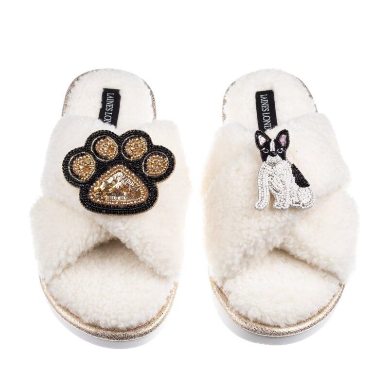 Boucle Slippers With Paw & Black & White Sitting French Bulldog Brooches - Cream