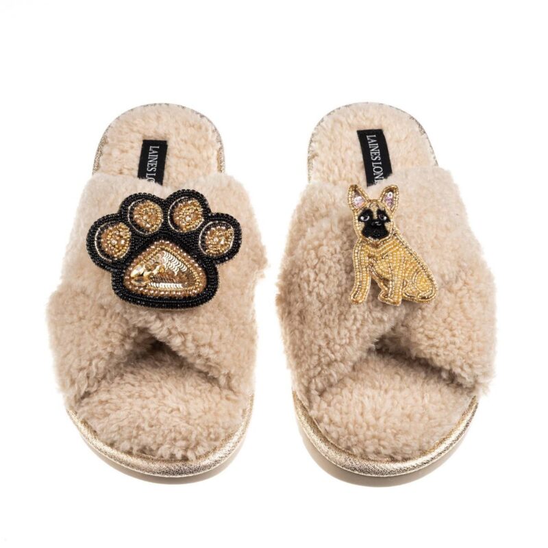 Boucle Slippers With Paw & Fawn Sitting French Bulldog Brooches - Oatmeal