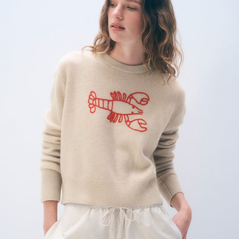 Cashmere Embroidered Lobster Crewneck - Natural Heather/Red White + Warren