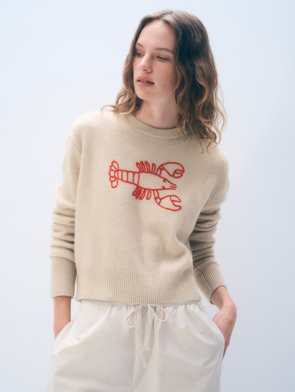 Cashmere Embroidered Lobster Crewneck - Natural Heather/Red White + Warren