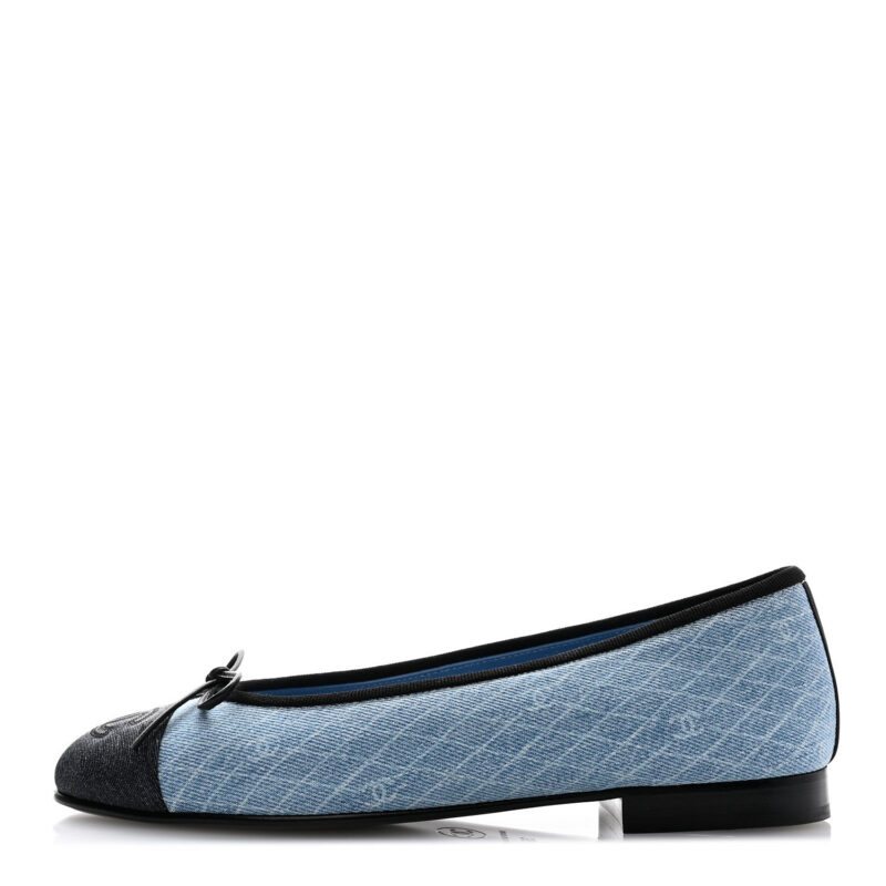 Chanel denim Printed Quilt CC Cap Toe Ballerina Flats Light Blue Dark Grey FASHIONPHILE