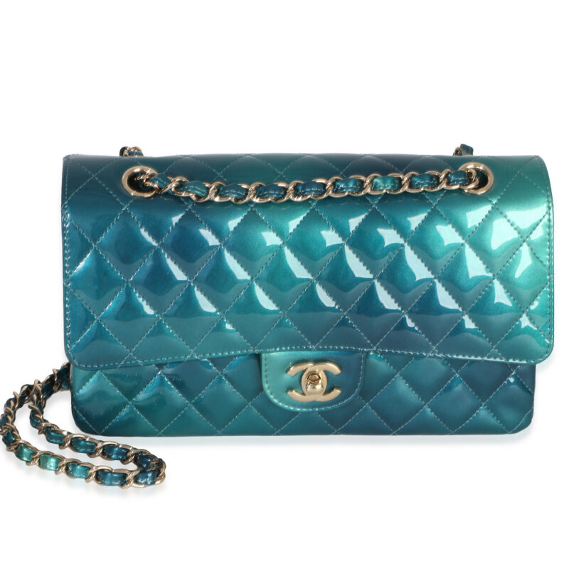 Chanel Green Blue Shaded Quilted Patent Medium Classic Double Flap Bag The Heritage Collection