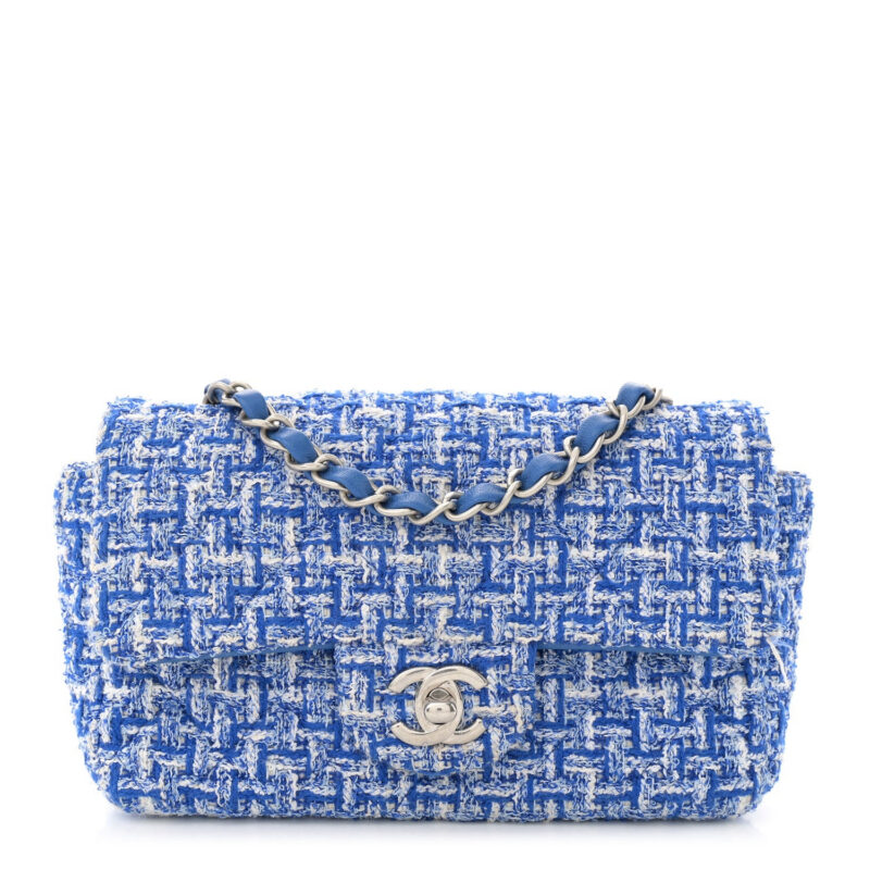 Chanel tweed Quilted Mini Rectangular Flap Blue White FASHIONPHILE