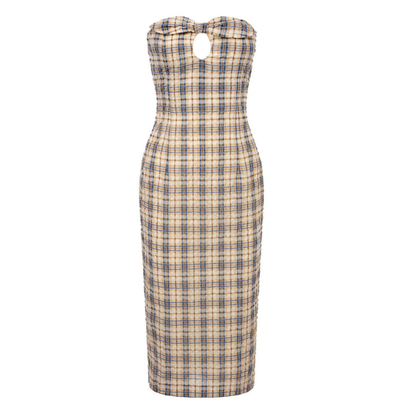 Charlotte Dress in Blue & Beige Seersucker Check Bernadette