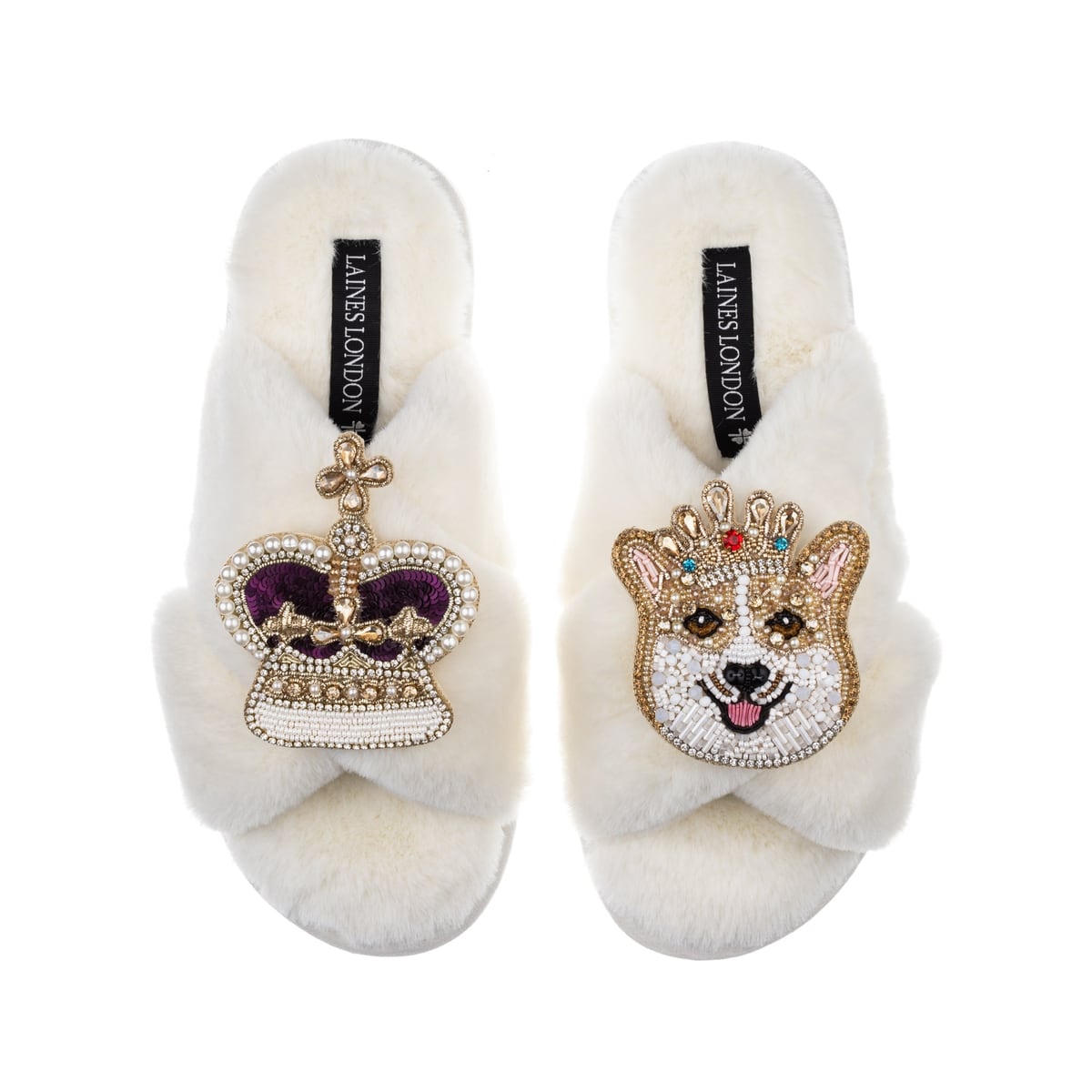 Classic Laines Slippers With Artisan Sandy The Corgi & Royal Crown Brooches - Cream