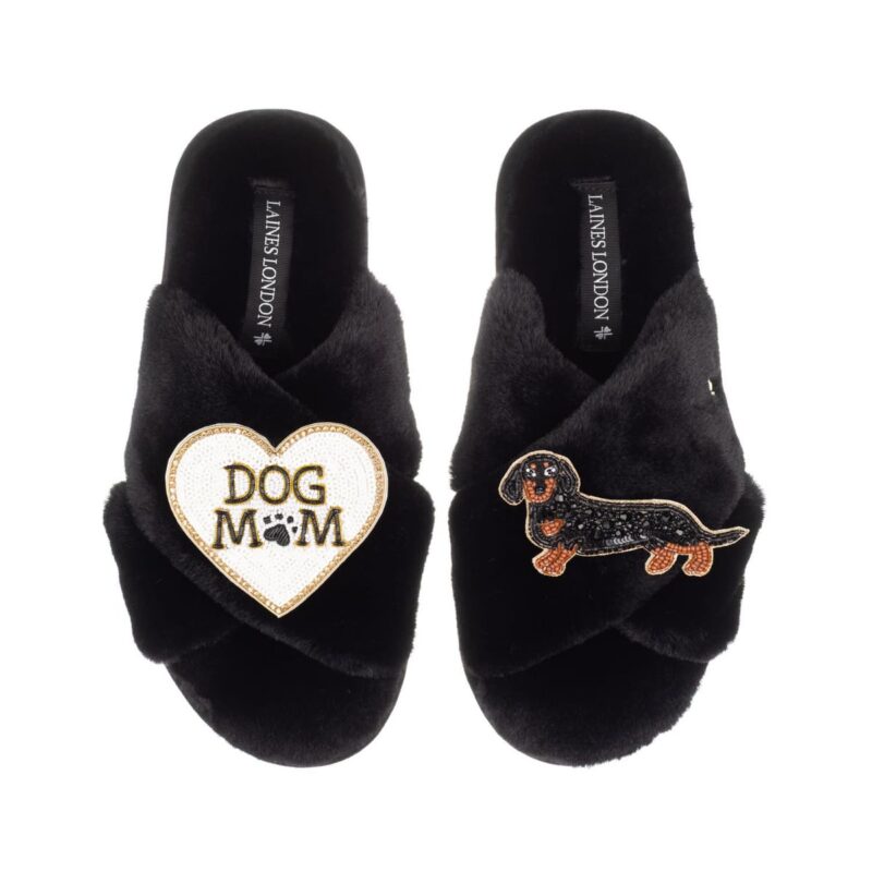Classic Laines Slippers With Dog Mum/Mom & Black & Tan Dachshund Brooches - Black