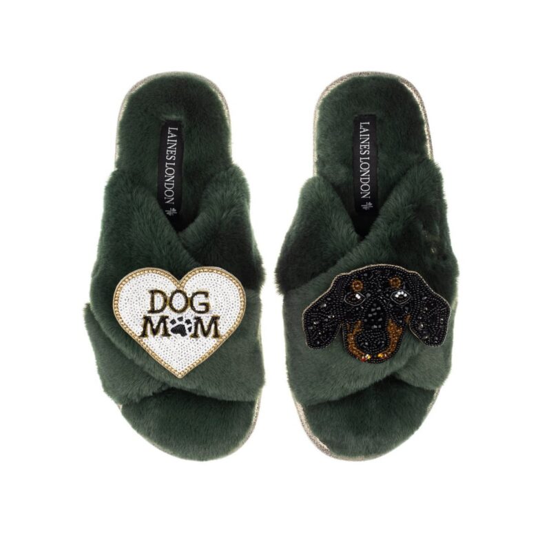 Classic Laines Slippers With Little Sausage & Dog Mum / Mom Brooches - Limited Edition Green