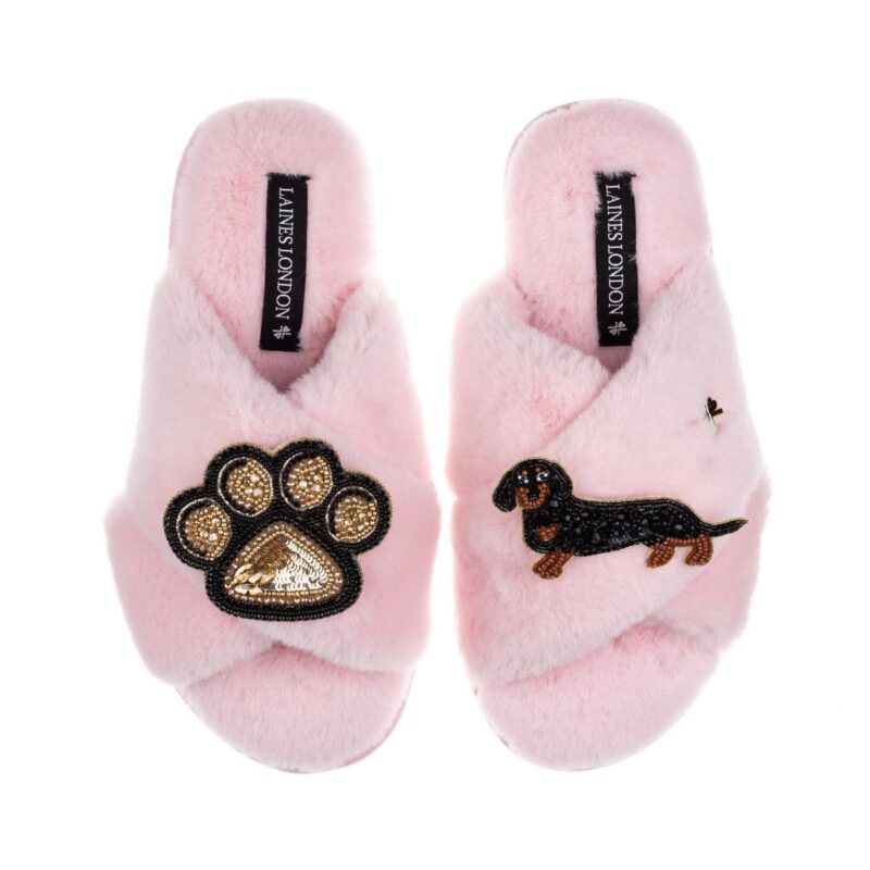 Classic Laines Slippers With Paw & Black & Tan Dachshund Brooches - Pink