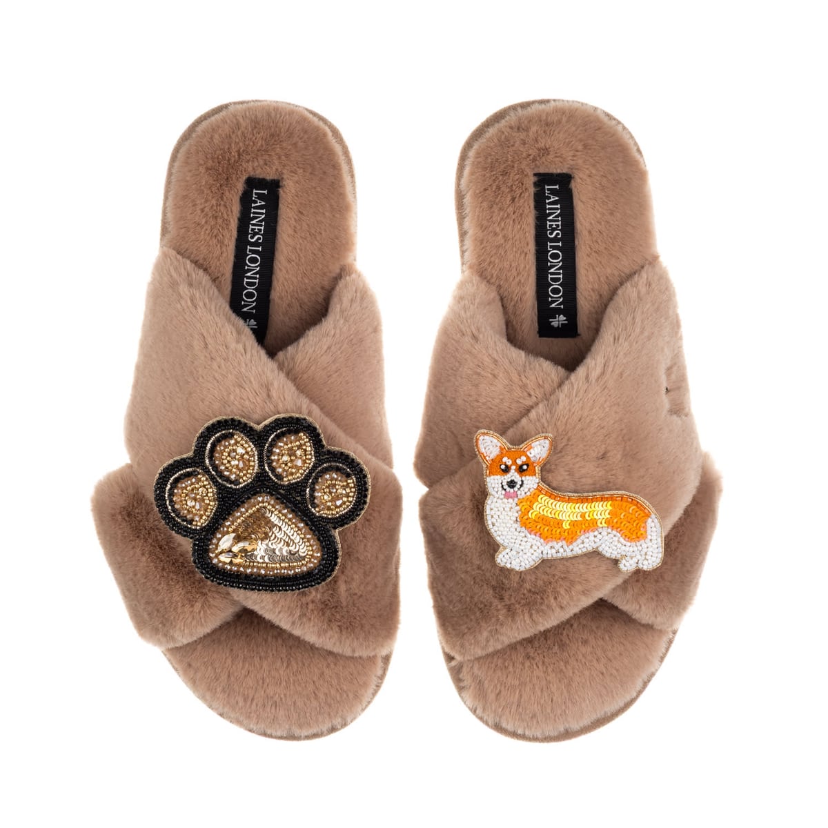 Classic Laines Slippers With Paw & Peach The Corgi Brooches - Toffee