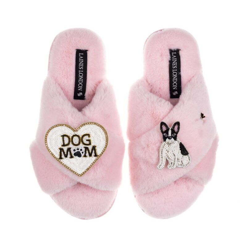 Classic Slippers With Dog Mum/Mom & Black/White Sitting French Bulldog Brooches - Pink