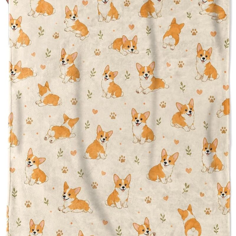 Corgi Blanket Cute Dog Paw Prints Flannel Throw, 60 x 80 in