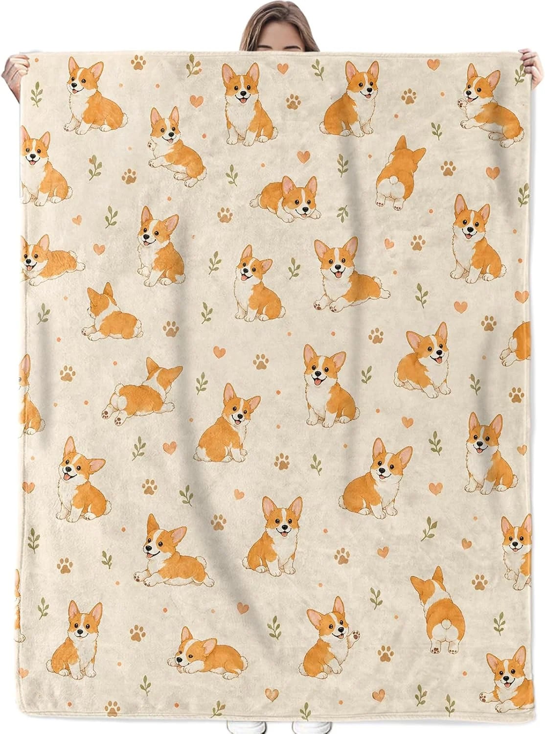 Corgi Blanket Cute Dog Paw Prints Flannel Throw, 60 x 80 in