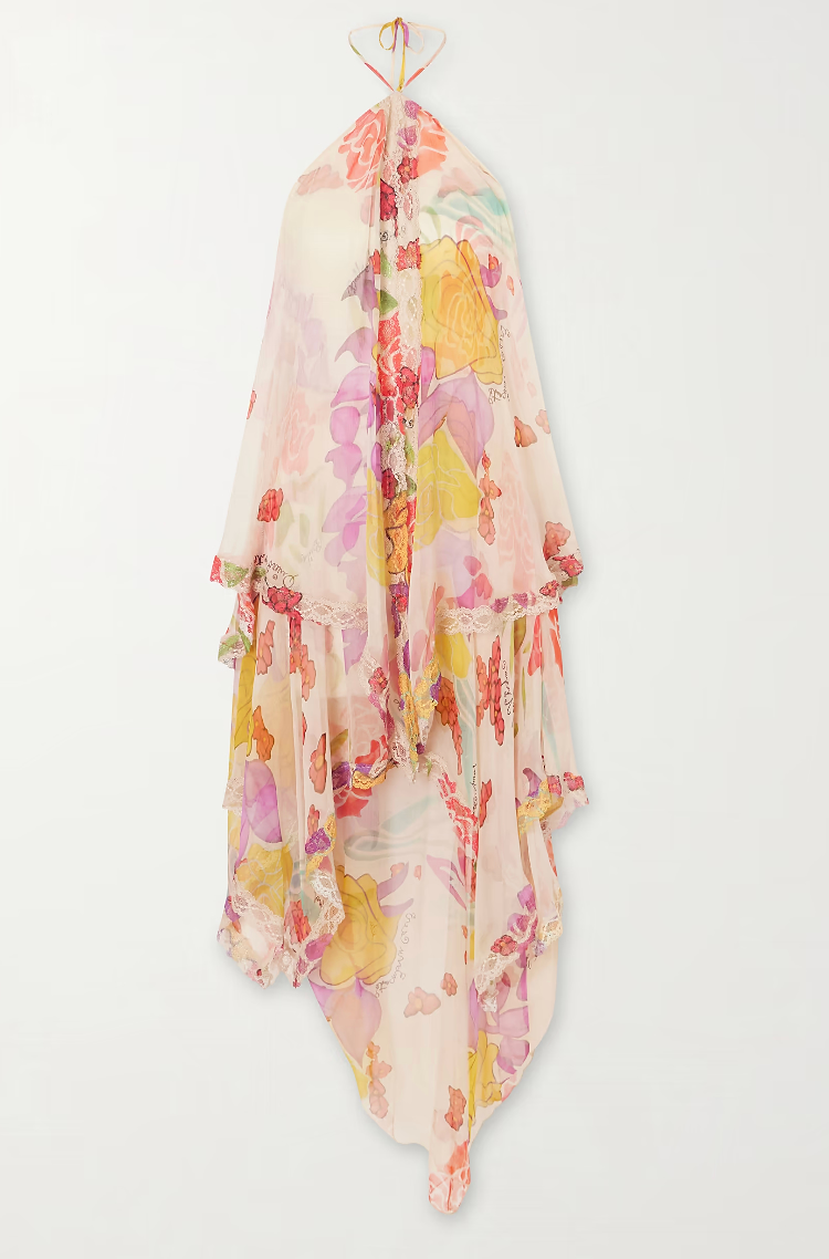 DONDE ESTEBAN - Flores Ruffled Asymmetric Lace Trimmed Silk Chiffon Halterneck Maxi Dress