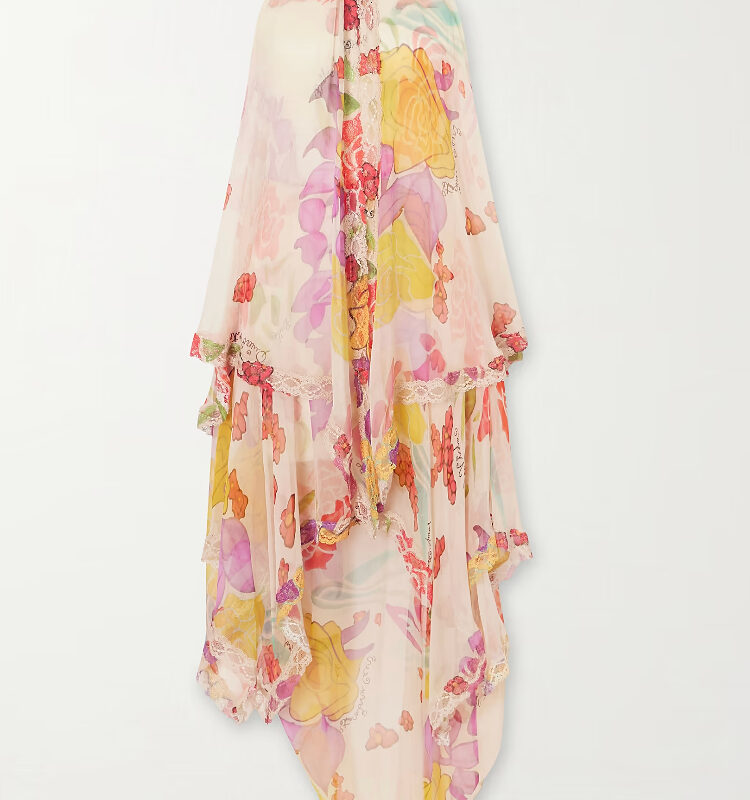 DONDE ESTEBAN - Flores Ruffled Asymmetric Lace Trimmed Silk Chiffon Halterneck Maxi Dress