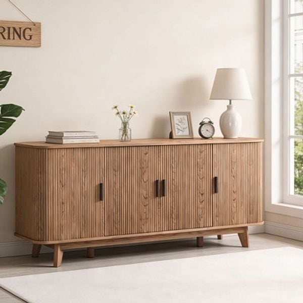 Dyonery 68.9 Inch Wood Sideboard Buffet Cabinet, Mid-Century Modern Storage Credenza With Fluted Sliding Doors, Rounded Edge Side Cabinet, Walnut