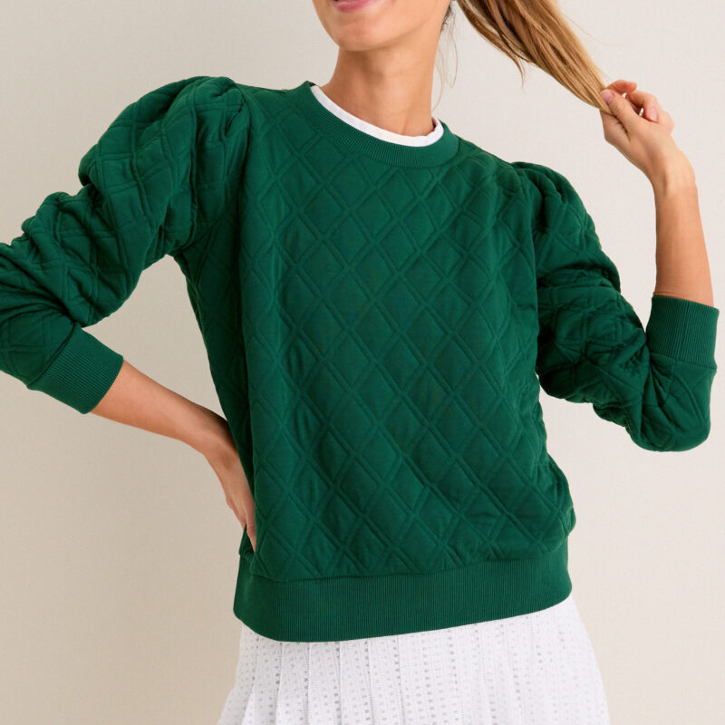 Eden Green Puff Sleeve Quilted Stretch Campbell Pullover Tnuck Sport