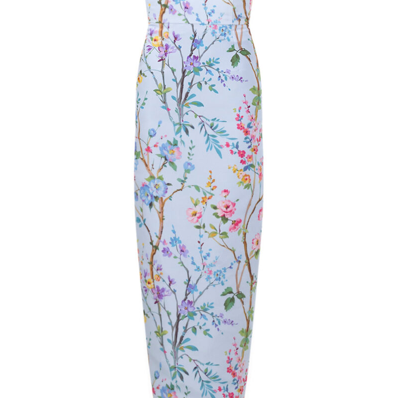 Elizabeth Garden Reverie Silk Faille Column Gown in Light Blue Floral Alexia Maria Collection