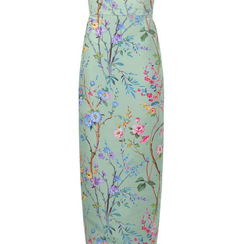Alexia Maria Collection Elizabeth Garden Reverie Silk Faille Column Gown in Celadon Floral