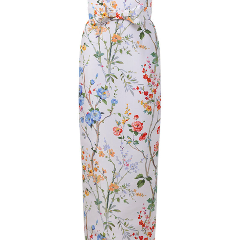 Elizabeth Garden Reverie Silk Faille Column Gown with Bow Belt in White Floral Alexia Maria Collection