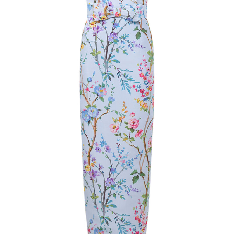 Alexia Maria Collection Elizabeth Garden Reverie Silk Faille Column Gown with Bow Belt in Light Blue Floral