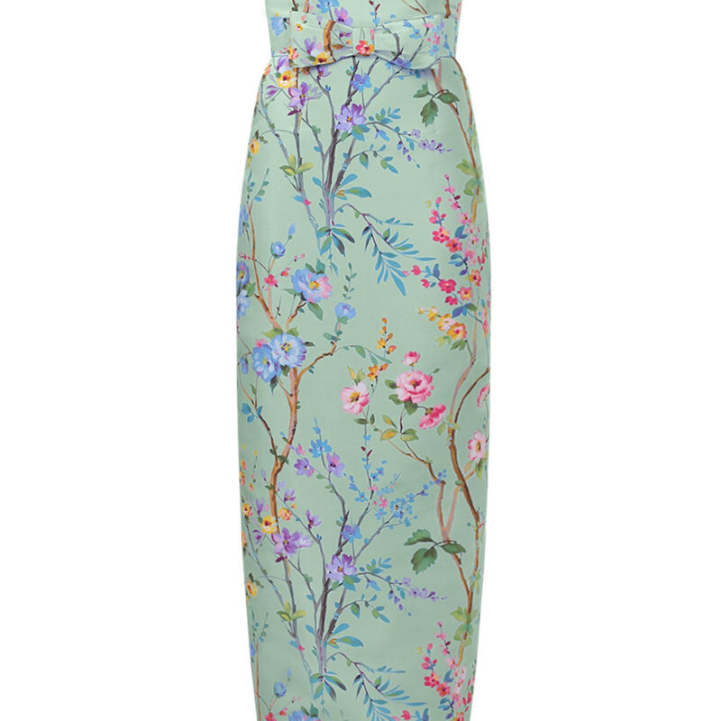 Elizabeth Garden Reverie Silk Faille Column Gown with Bow Belt in Celadon Floral Alexia Maria Collection