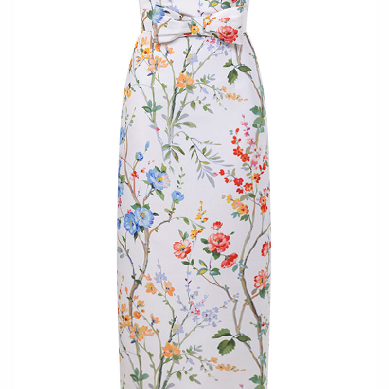 Elizabeth Garden Reverie Silk Faille Midi Dress with Bow Belt in White Floral Alexia Maria Collection