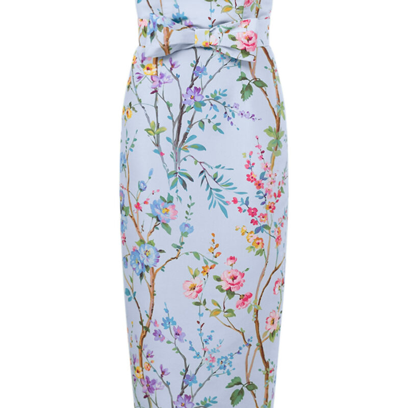 Elizabeth Garden Reverie Silk Faille Midi Dress with Bow Belt in Light Blue Floral Alexia Maria Collection