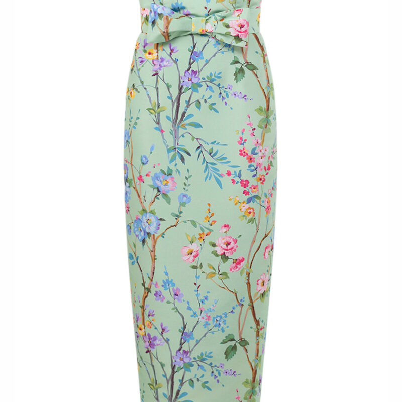 Alexia Maria Collection Elizabeth Garden Reverie Silk Faille Midi Dress with Bow Belt in Celadon Floral