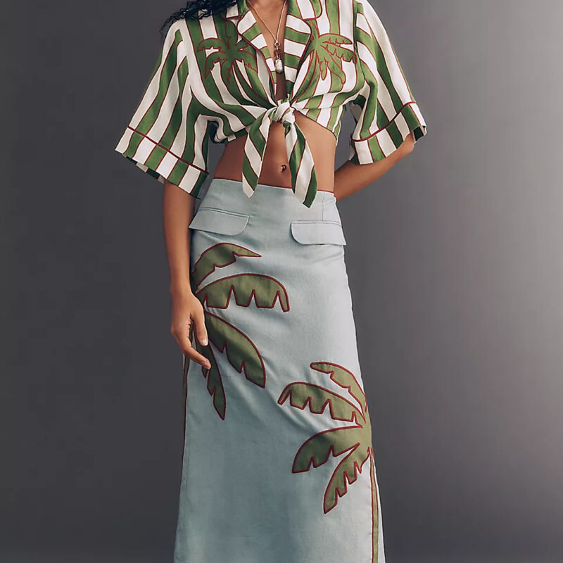 FARM RIO - Embroidered Palm Linen Midi Skirt Anthropologie
