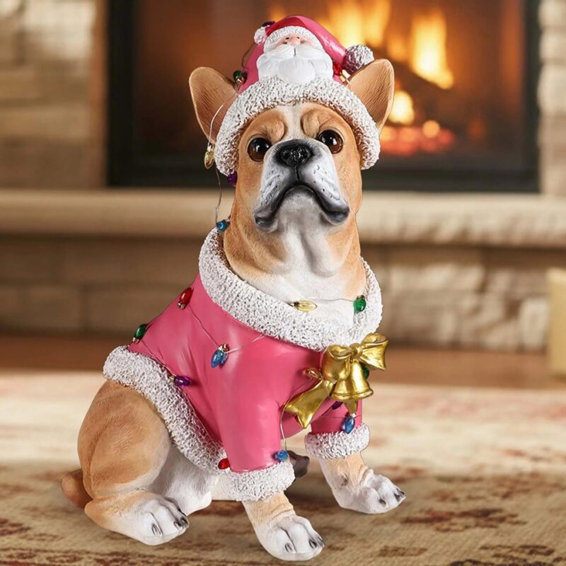 Festive French Bulldog Statue Christmas Home Decor Ornament(Battery Included)