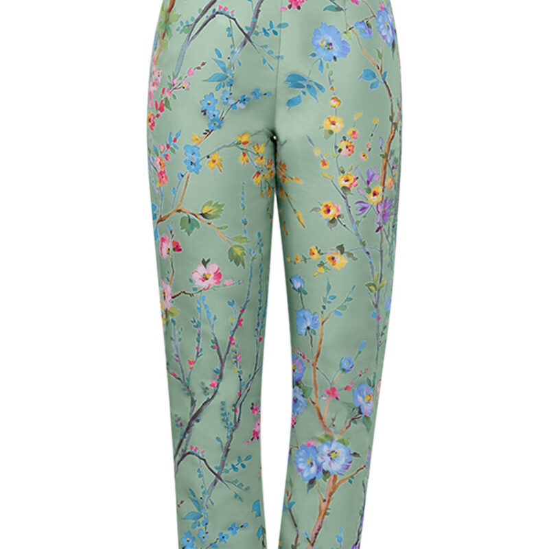 Garden Reverie Silk Faille Cigarette Pants in Celadon Floral Alexia Maria Collection